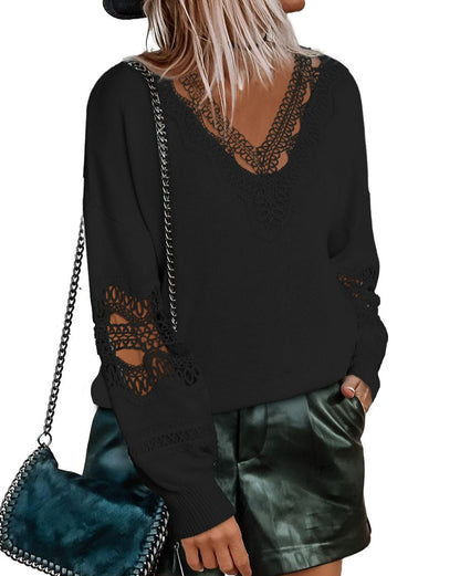 Hollowed Lace V-Neck Sweater