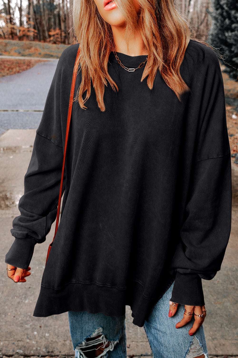 Ribbed Trim Drop Shoulder Sweatshirt