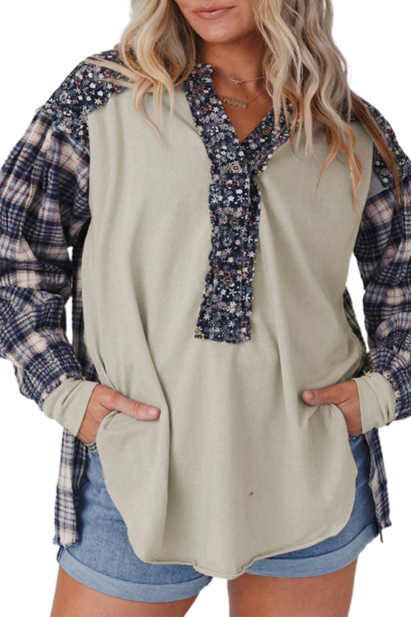 Floral Plaid Patchwork Top Plus Size