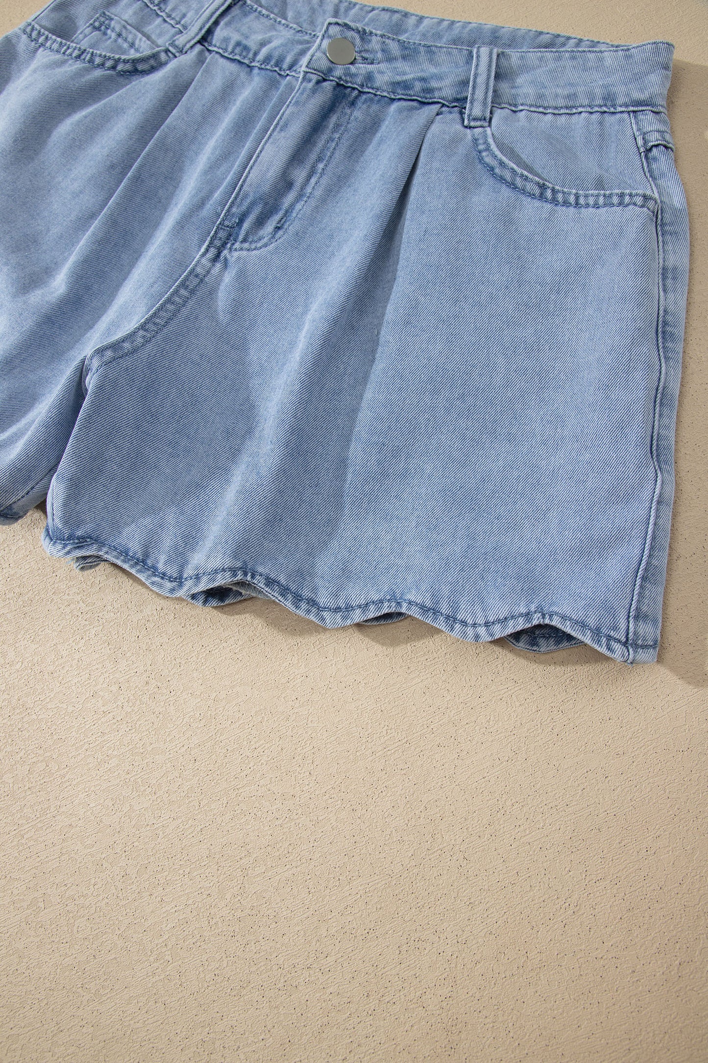 Solid Denim Scalloped Trim High Waist Shorts