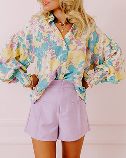 Floral Shirred Cuff Oversized Shirt