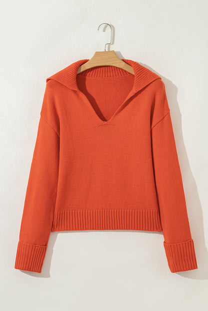 Solid Collared V-Neck Ribbed Edge Sweater