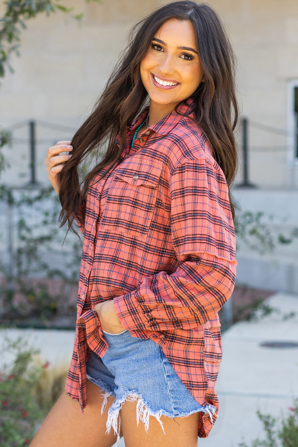 Plaid Button-Up Distressed Hem Long Sleeve Shirt