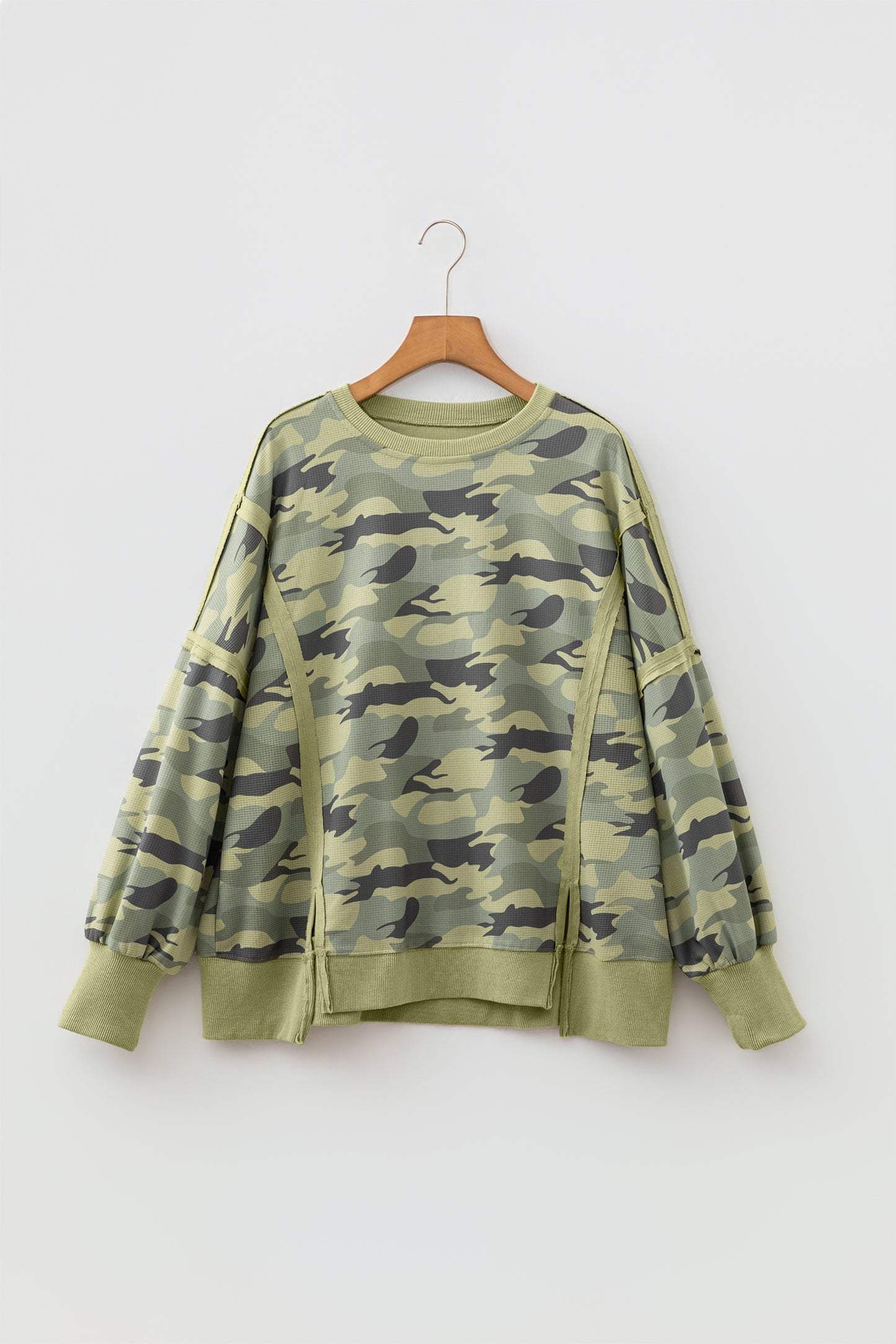 Camo Waffle Knit Reverse Seam Long Sleeve Top