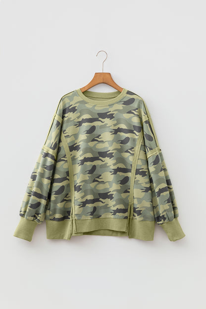 Camo Waffle Knit Reverse Seam Long Sleeve Top