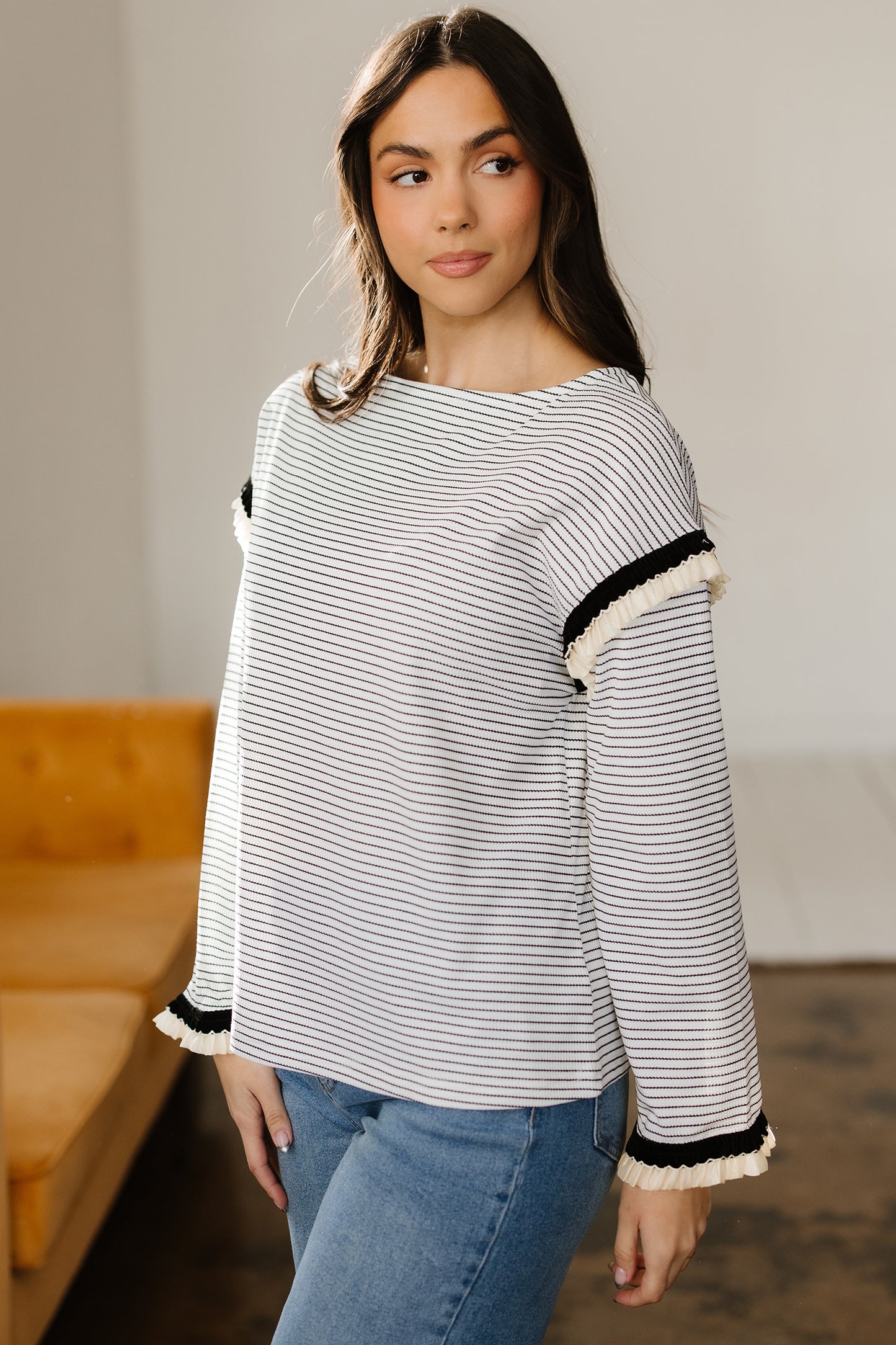 Stripe Contrast Ruffle Trim Long Sleeve Top