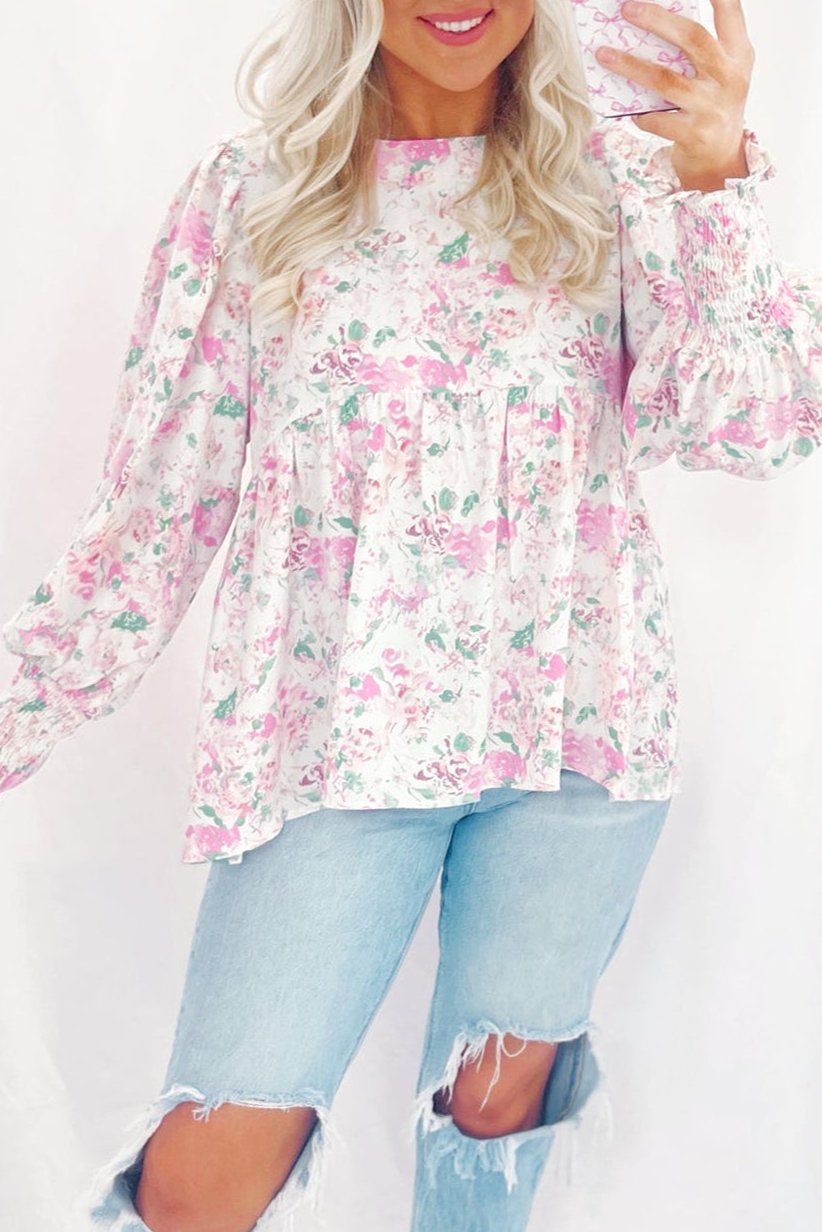 Floral Shirred Balloon Sleeve Blouse