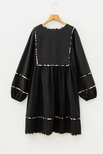 Plus Size Leopard Contrast Trim Tie-Neck Mini Dress