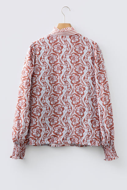 Floral Stripe Frilled Trim Long Sleeve Shirt