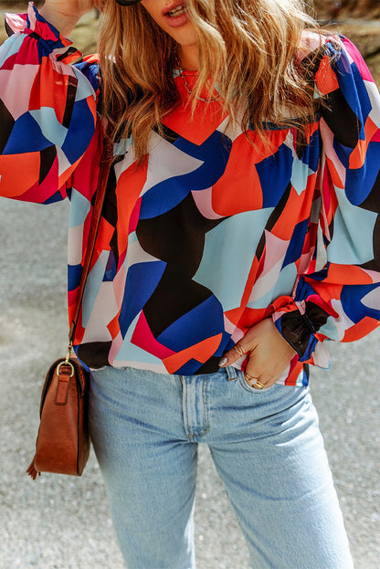 Abstract Ruffle Puff Sleeve Blouse