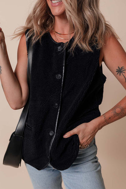 Fleece Leather Contrast Buttoned Vest