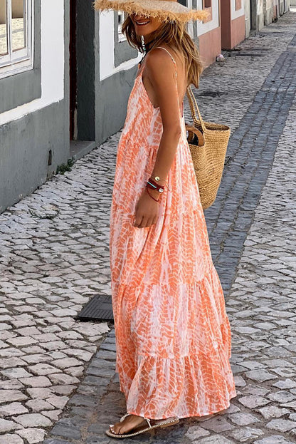 Abstract Backless Tiered Maxi Dress