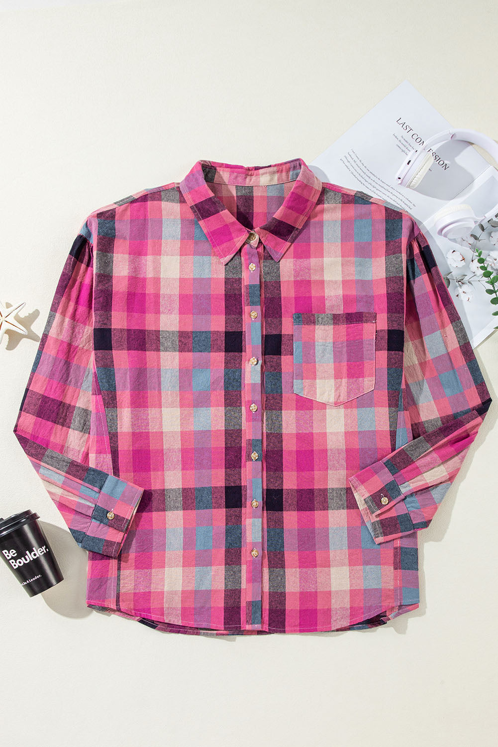 Plus Size Stripe Checker Button-up Shirt