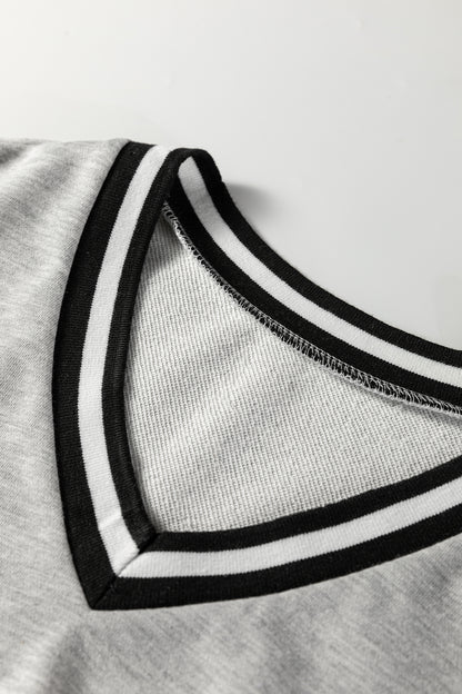 Stripe Trim V-Neck Long Sleeve Preppy T-Shirt Dress