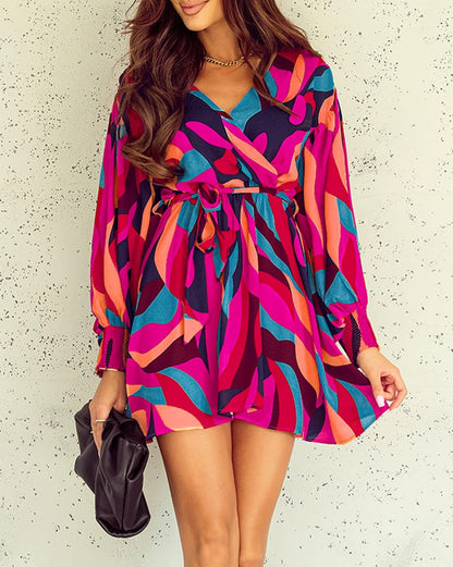 Abstract Belted Puff Sleeve Dress