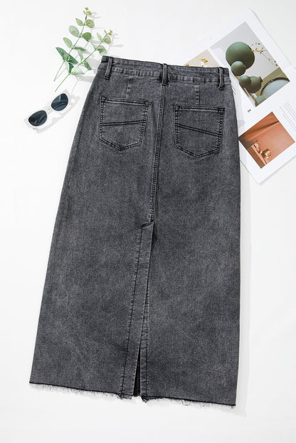 Denim Raw Hem Midi Skirt