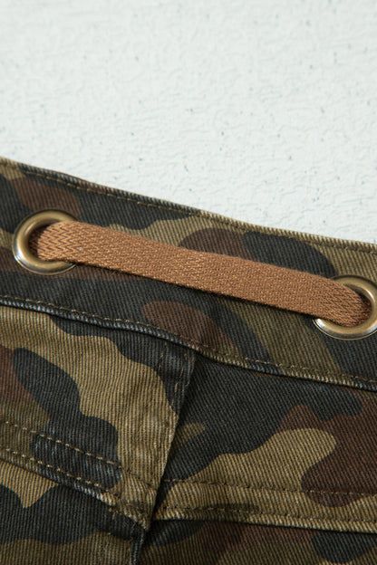 Camo Retro Grommet Tie Waist Loose Jeans