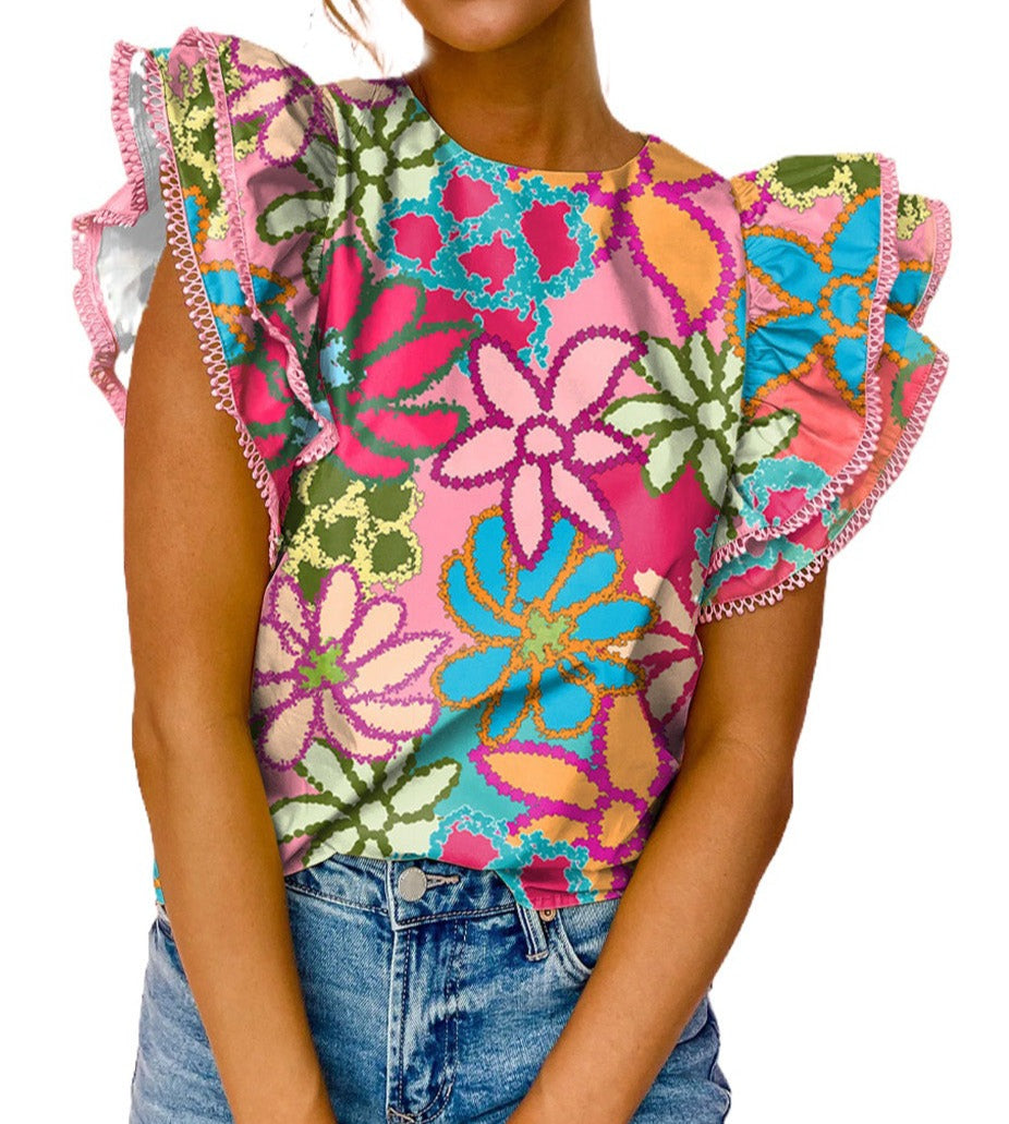 Pop of Floral Ruffle Sleeve Top