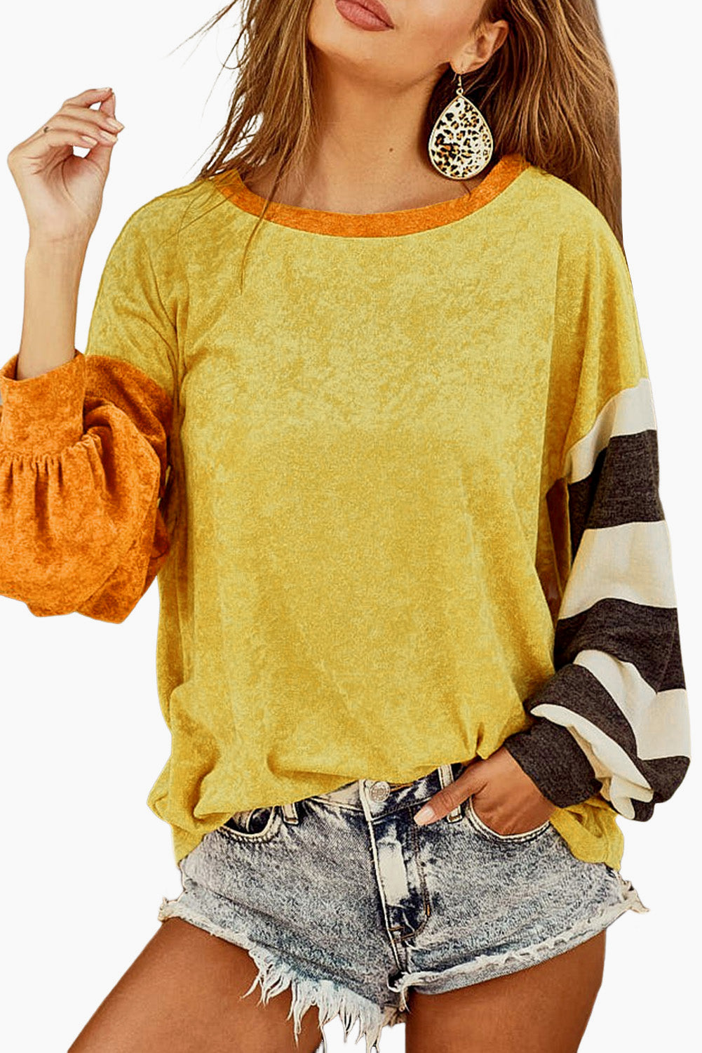 Colorblock Stripe Puff Sleeve Top