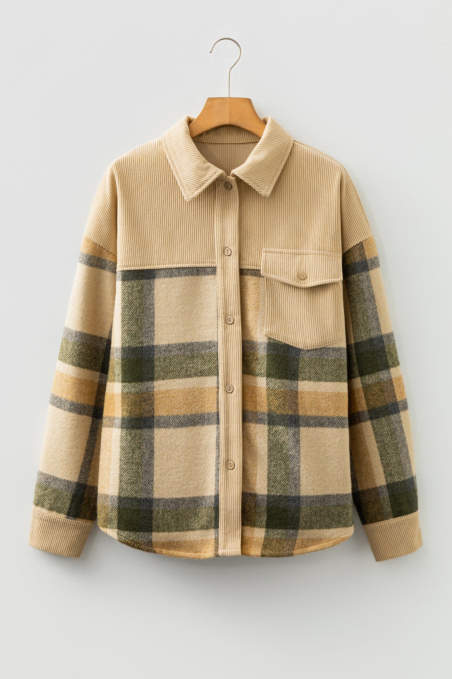 Plaid Corduroy Patchwork Chest Pocket Shacket