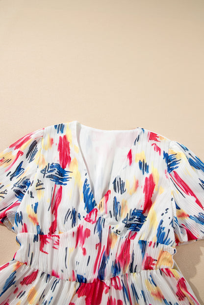Abstract Short Puff Sleeve Tiered Maxi Dress