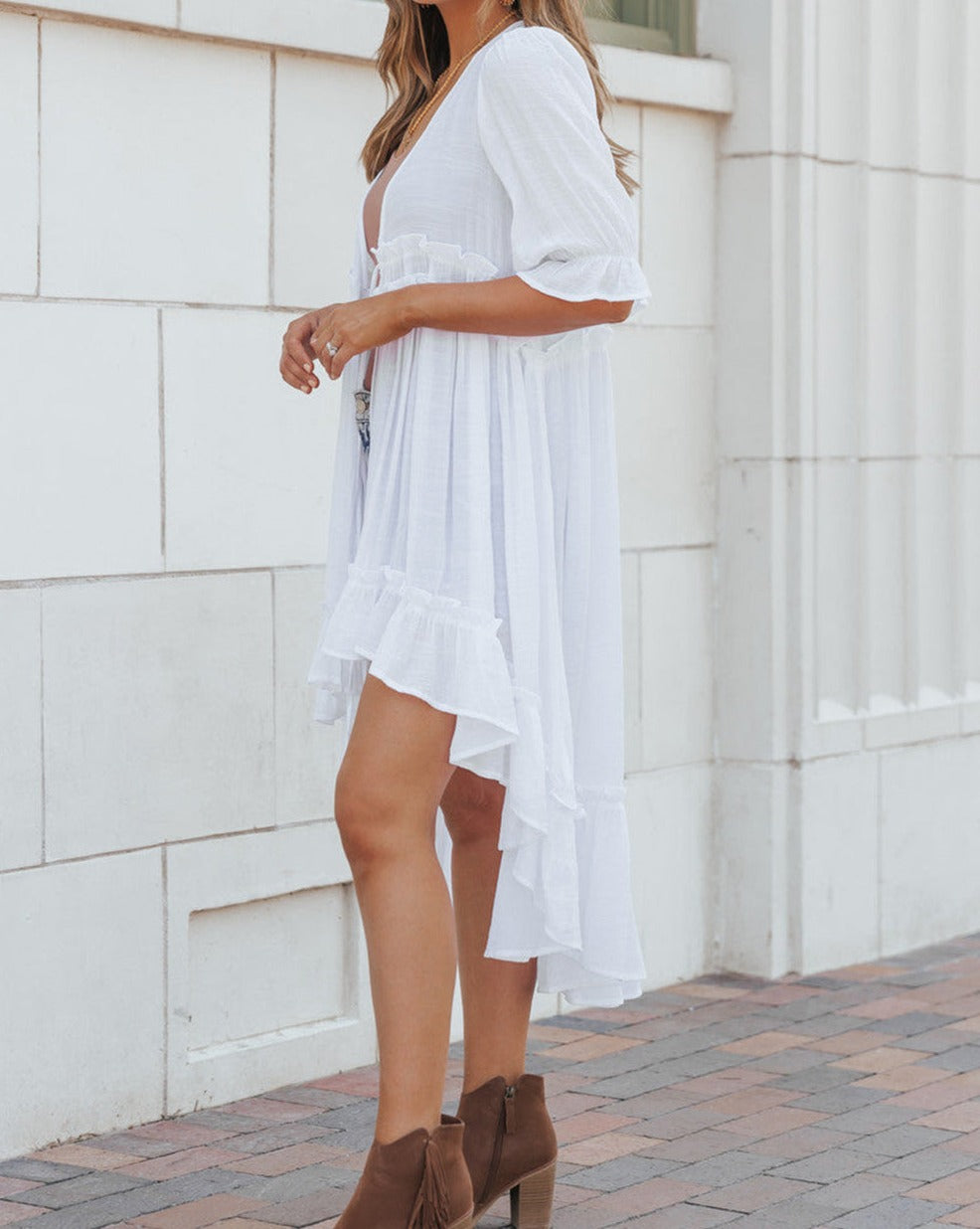 Ruffle Tie Front High-Low Kimono