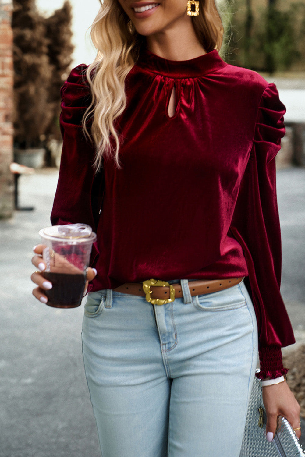 Red Mock Neck Puff Sleeve Velvet Blouse