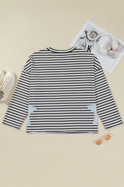 Plus Size Stripe Star Stitch Long Sleeve Top