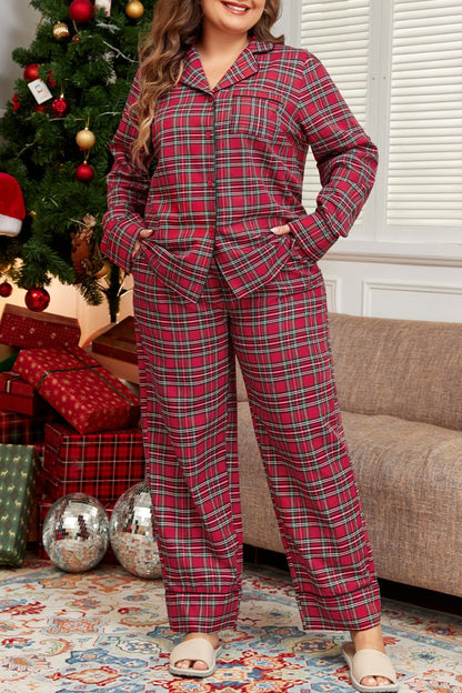 Plaid Shirt and Pants Lounge Set Plus Size