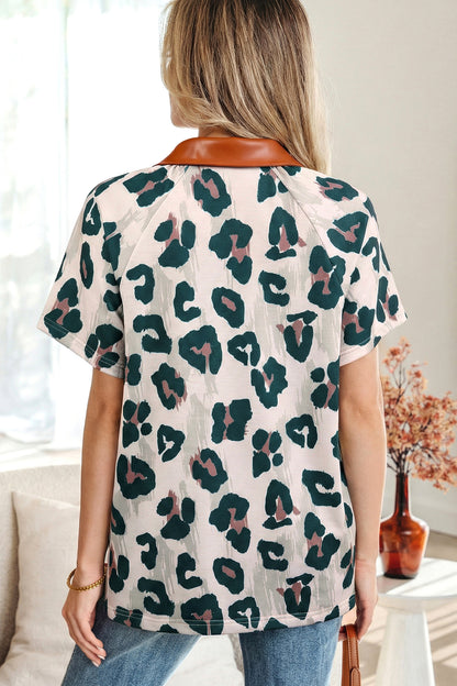 Leopard Buttoned Contrast Collar Short Sleeve Blouse