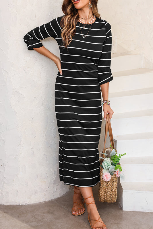 Stripe Tab Sleeve Midi Dress