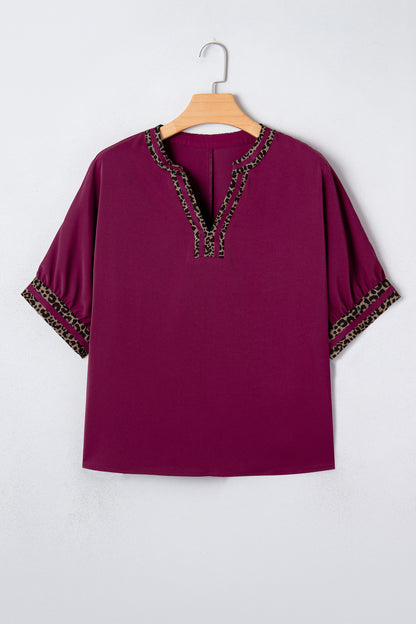Leopard Contrast Trim V-Neck Short Sleeve Blouse