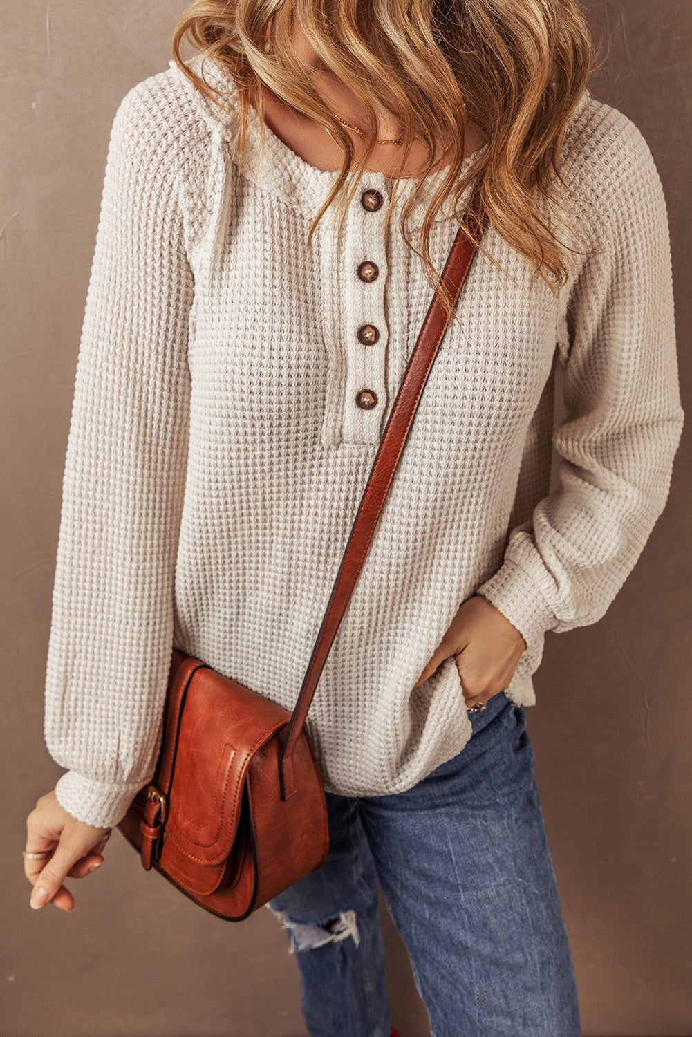 Waffle Raglan Sleeve Henley Blouse