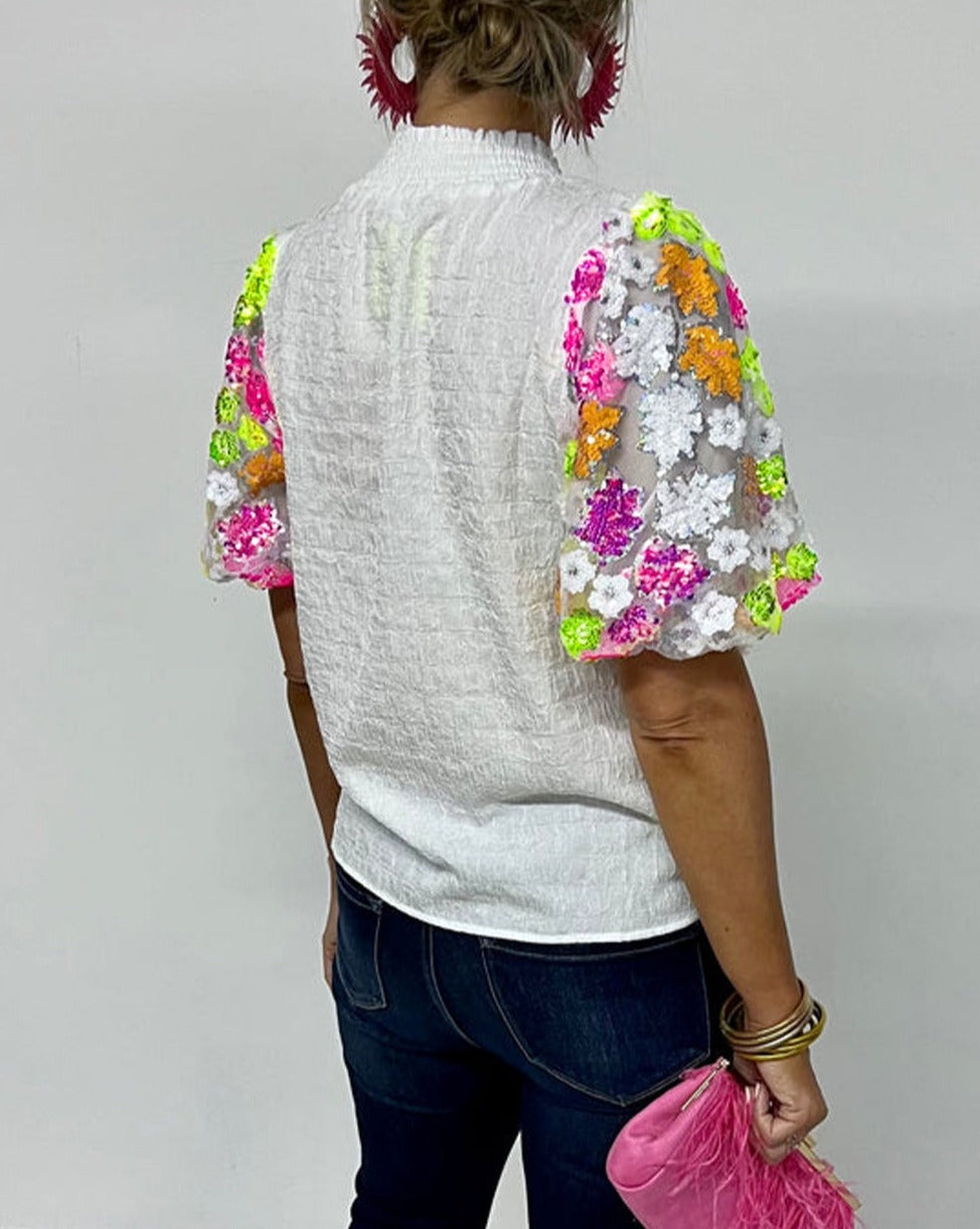 Sequin Floral Puff Sleeve Top