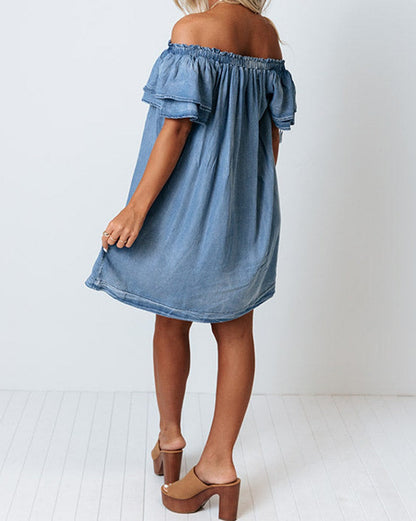 Denim Chambray Ruffle Off Shoulder Dress