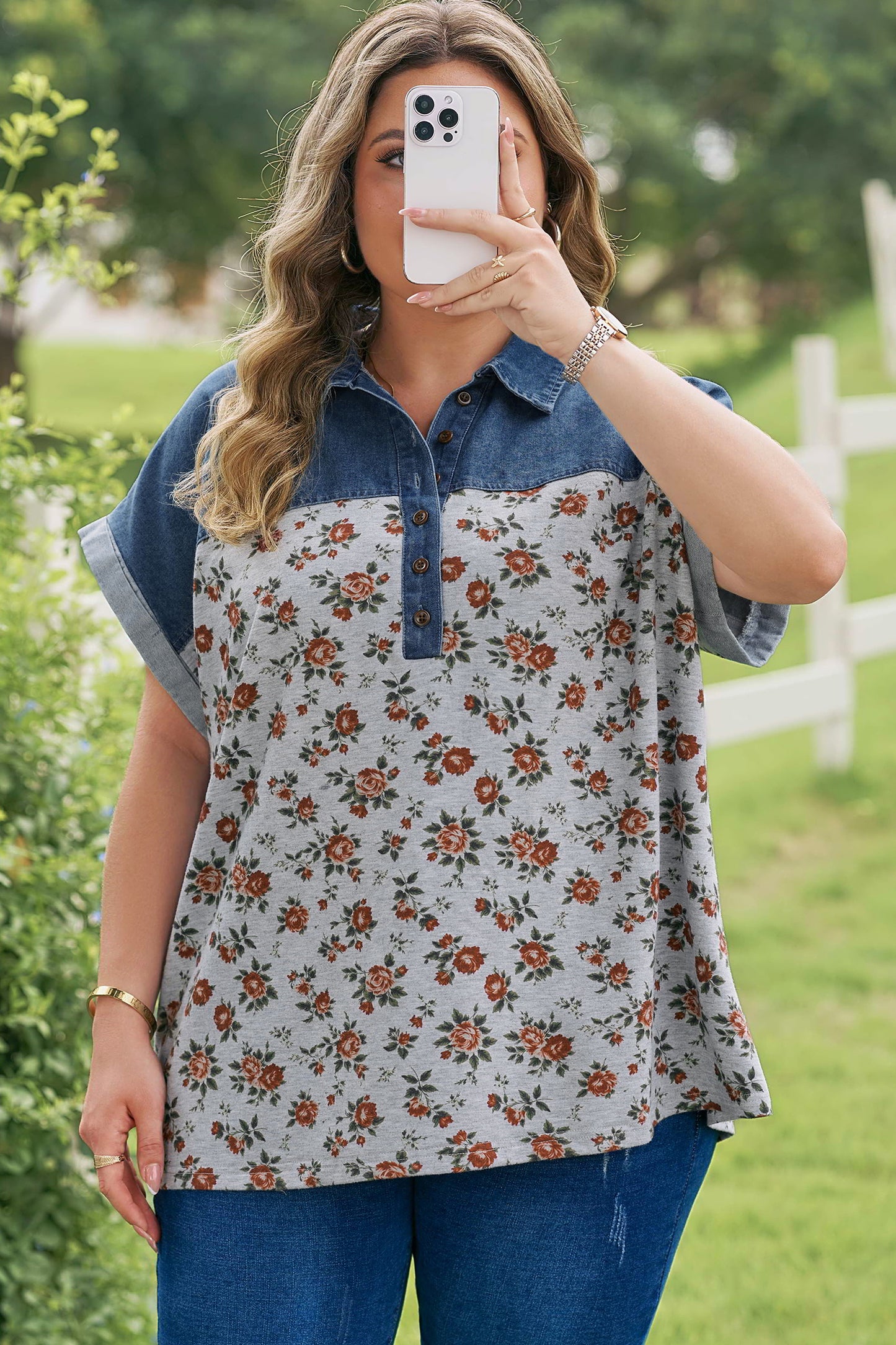 Plus Size Floral Denim Patchwork Polo Tee