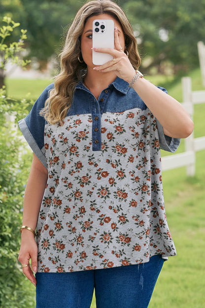 Plus Size Floral Denim Patchwork Polo Tee