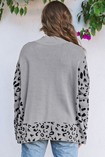 Leopard Mock Neck Side Slit Sweater