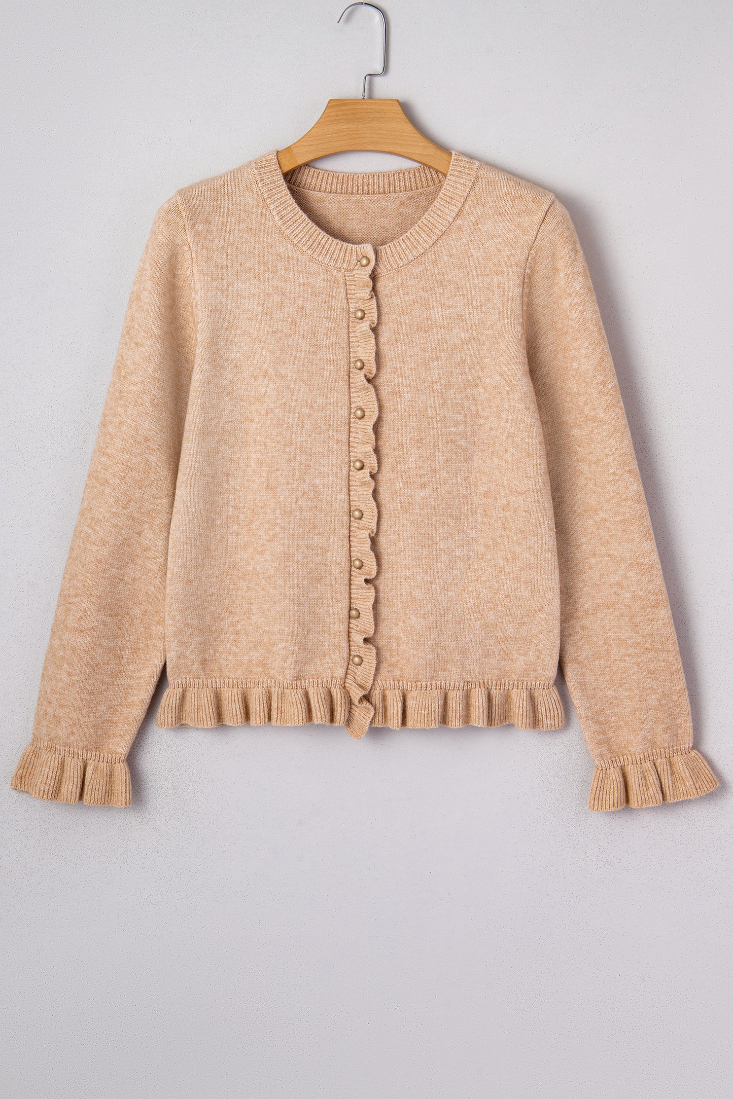 Solid Ruffle Trim Button Front Cardigan