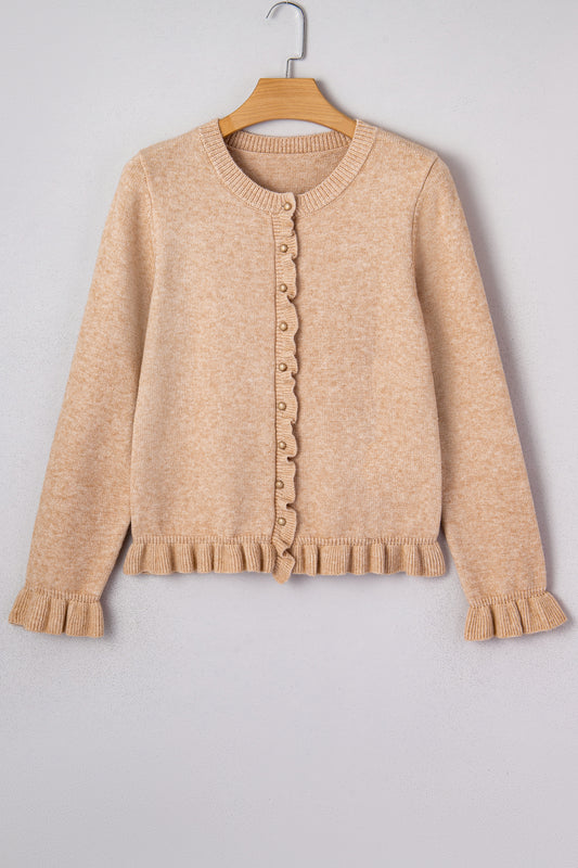 Solid Ruffle Trim Button Front Cardigan