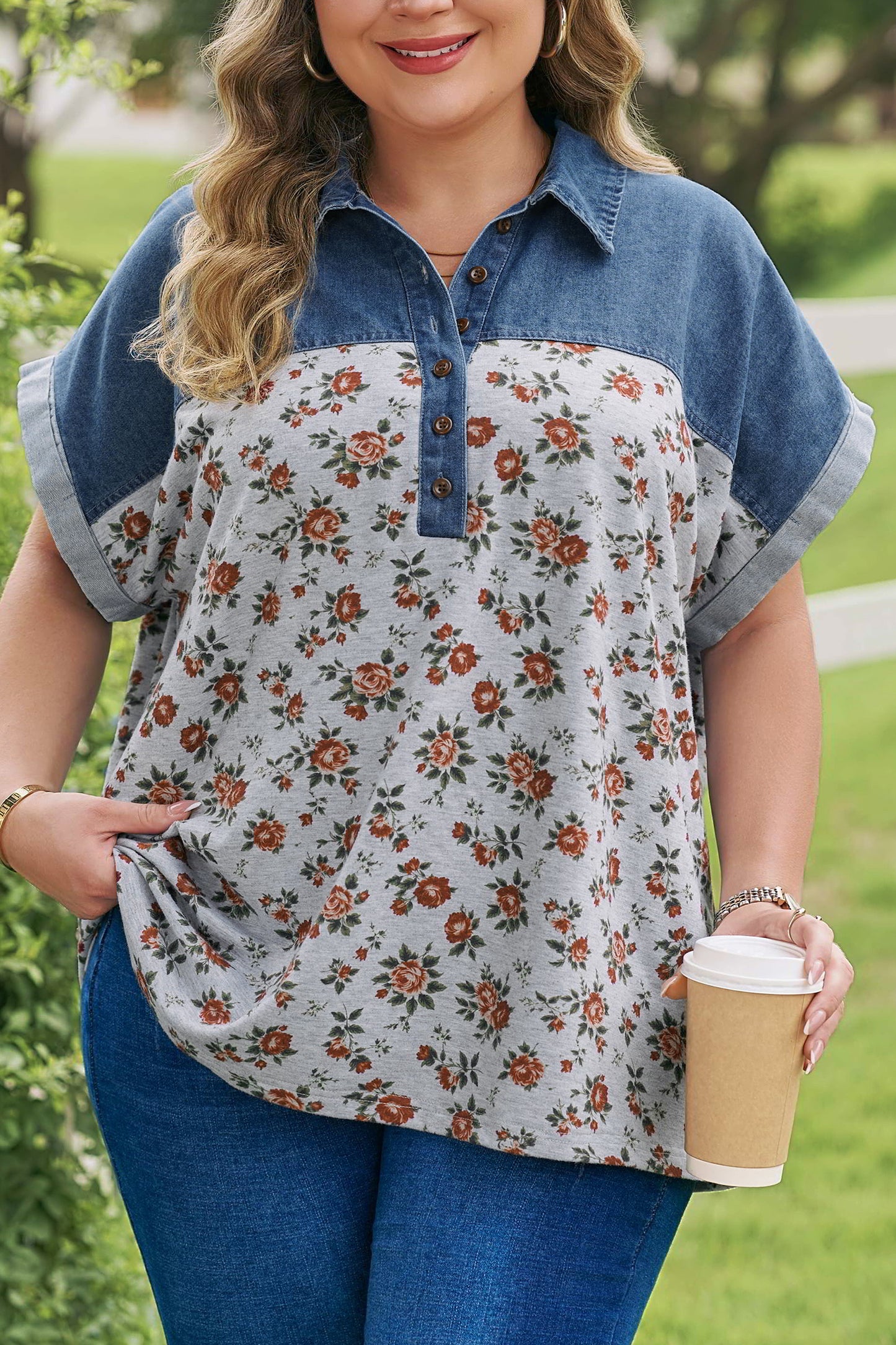 Plus Size Floral Denim Patchwork Polo Tee