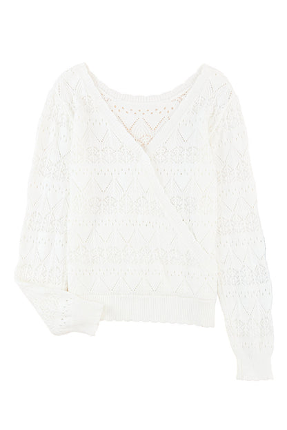 Pointelle Knit Scallop V-Back Sweater