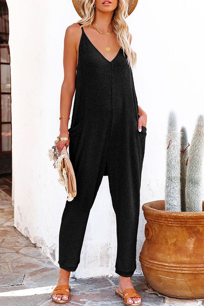 Waffle Sleeveless V-Neck Pocketed Jumpsuit