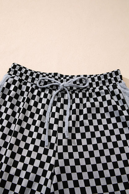Checker Textured Patchwork Drawstring Waist Pants