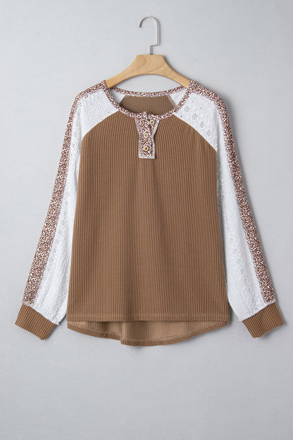 Leopard Corded Lace Patchwork Long Sleeve Top