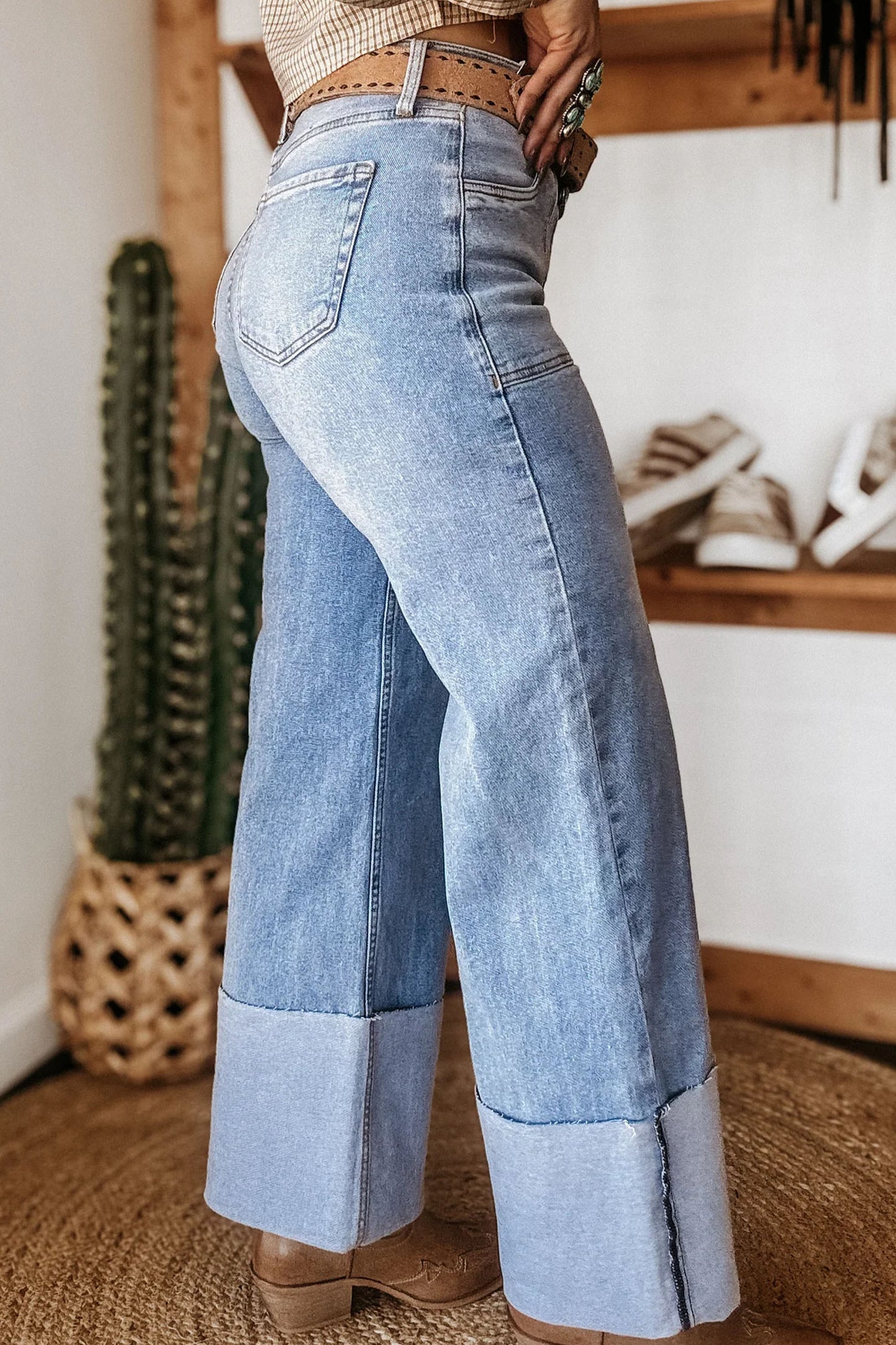 Denim Turn-Up Cuffs Wide Leg Jeans