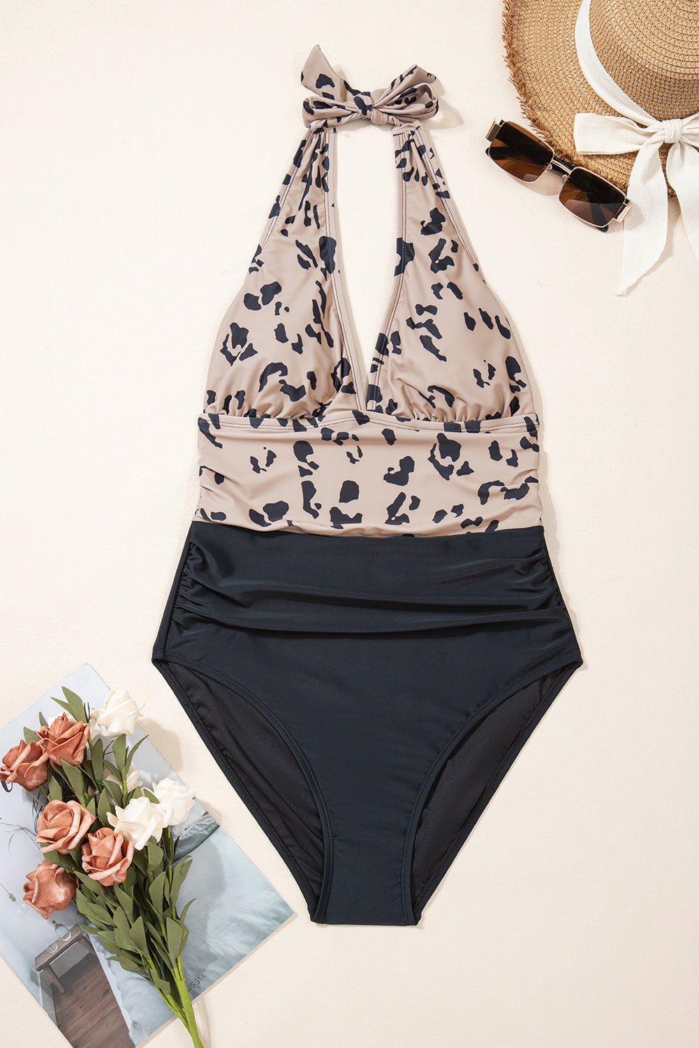 Leopard Halter Plunging V-Neck Swimsuit