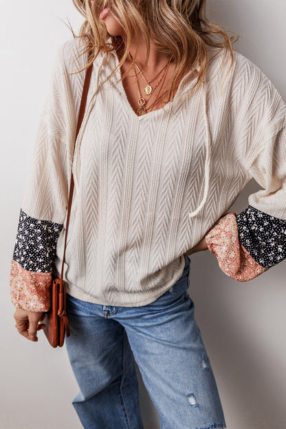 Floral Colorblock Textured V-Neck Blouse