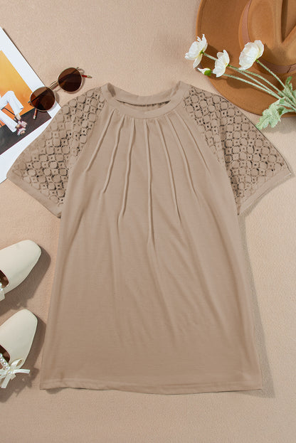 Lace Raglan Sleeve Pleated Tee