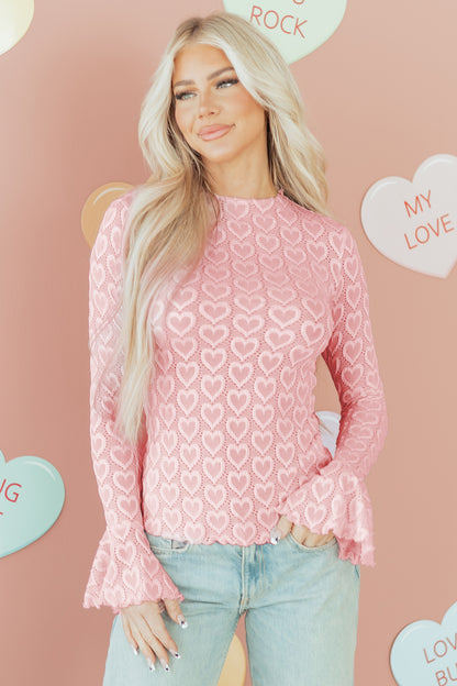 Valentine Heart Mock Neck Flare Long Sleeve Top